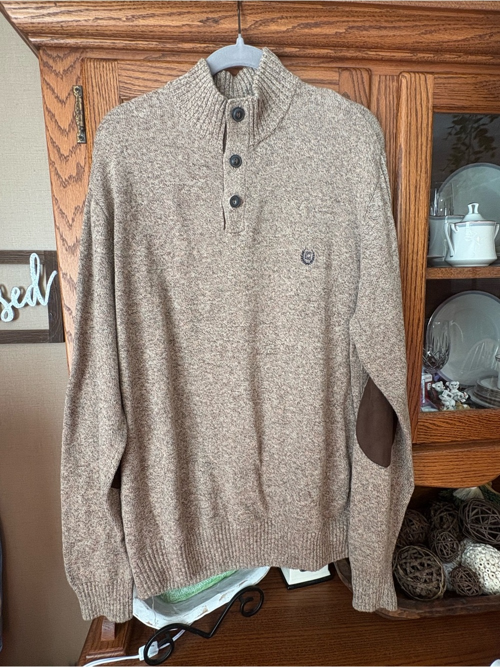 Chaps Men's Heathered Tan Turtleneck Button Pullover